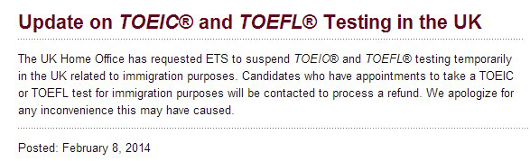 ETS：暂停英国范围内所有与移民有关的托福考试和托业考试