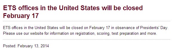 美国ETS办事处2月17日庆祝总统日将停办公1天