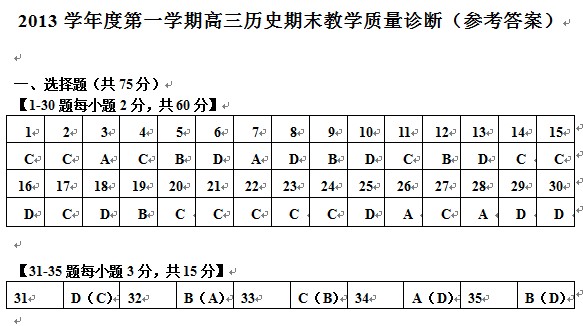 2014年上海宝山区高考历史一模试题答案