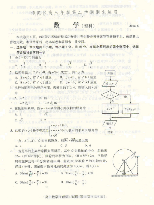 北京海淀区2014年高考理科数学二模试题