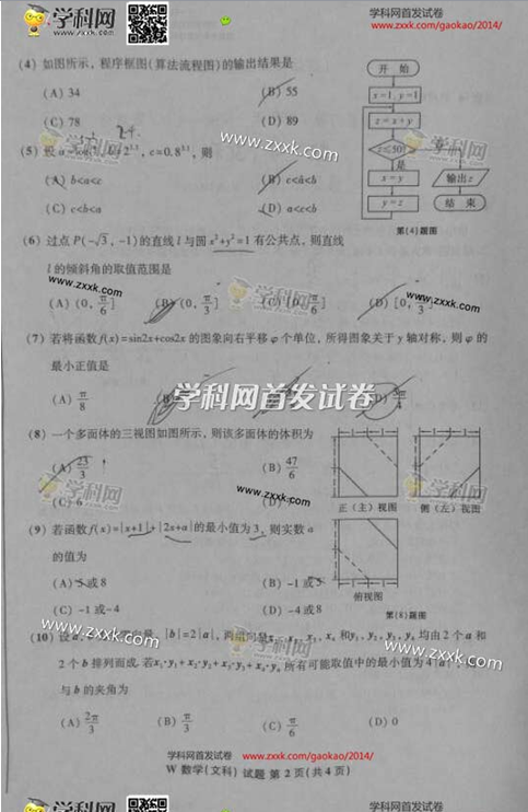 2014年安徽高考文科数学试卷(图片版)2