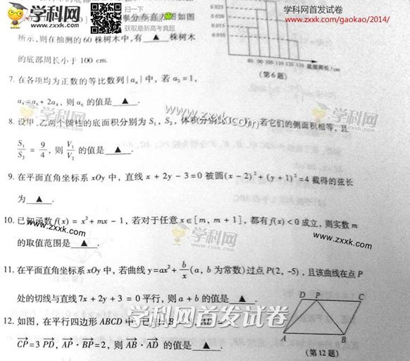 2014年江苏高考文科数学试卷(图片版)