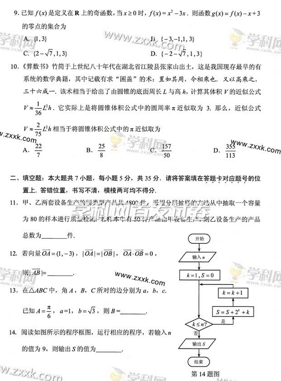 2014年湖北高考文科数学试卷(图片版)