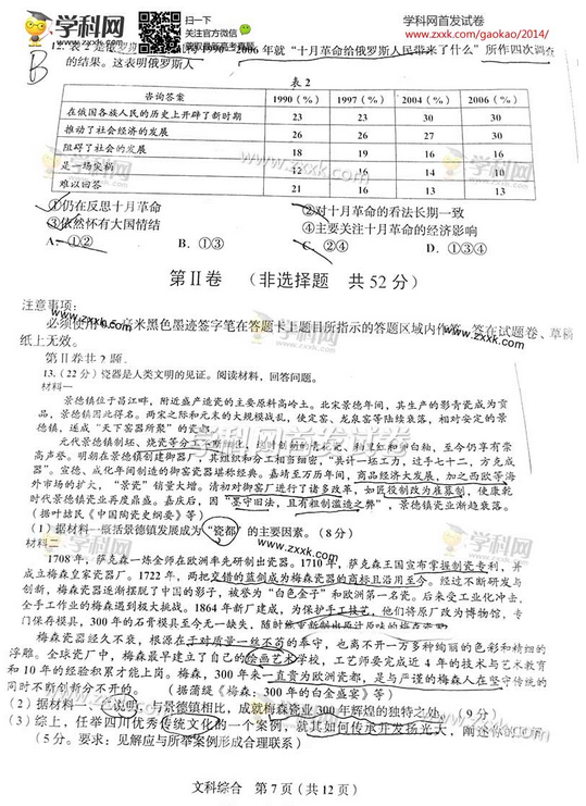 2014年四川高考文科综合试卷及答案(图片版)