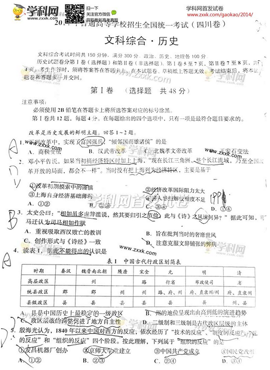 2014四川高考文科综合试题(下载版)