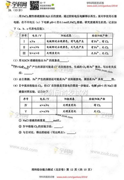 2014北京高考理科综合试题