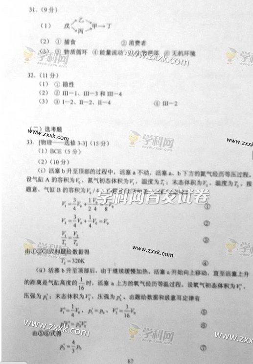 2014贵州高考理科综合试题答案(图片版)