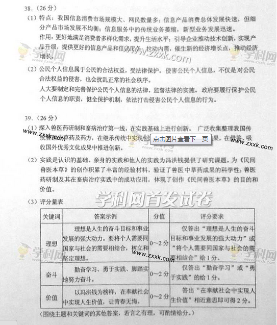 2014云南高考文科综合试题答案(图片版)