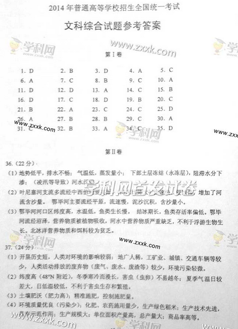 2014辽宁高考文科综合试题答案(下载版) 2014辽宁高考文科综合试题答案(下载版)