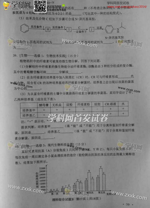 2014湖北高考理科综合试题及答案(图片版)