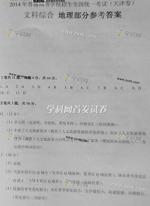 2014年天津高考文科综合试卷答案(图片版)