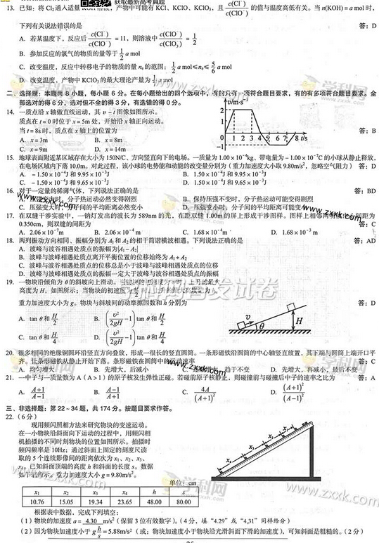 2014广西高考理科综合试题答案(图片版)