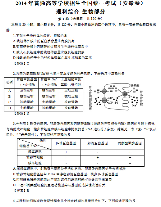 安徽2014高考理科综合试卷答案(下载版)