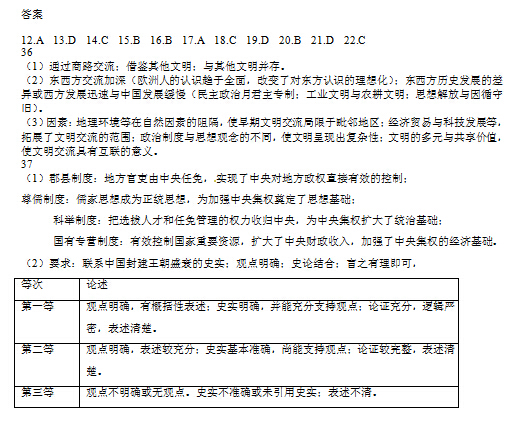 安徽2014高考文科综合试卷答案(图片版)