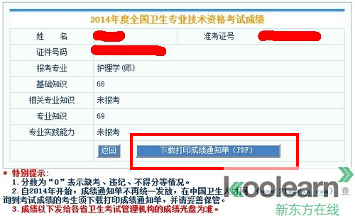 中国卫生人才网2014年卫生资格考试成绩单今