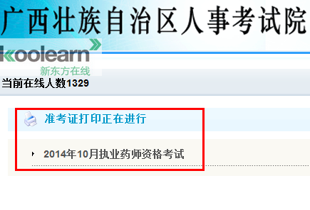 广西人事考试网2014年执业药师准考证打印入
