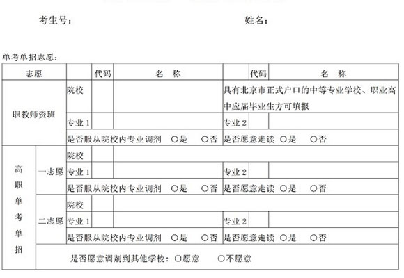 北京2014年高考志愿表样本(单考单招)