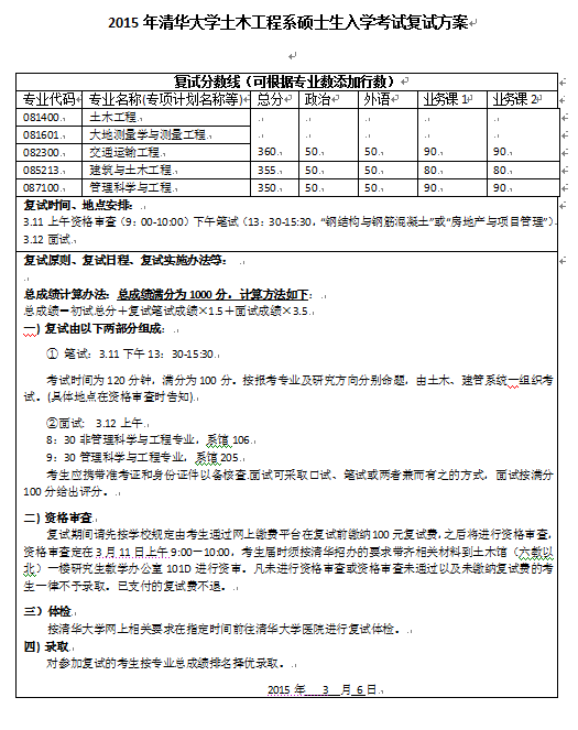 清华大学土木工程系2015年考研复试方案