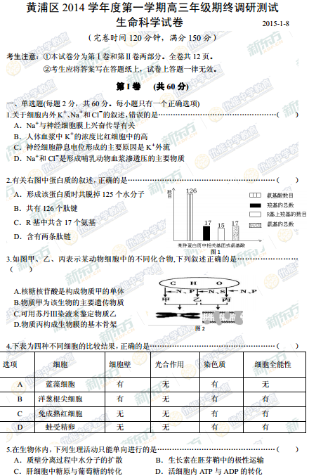 2015学年上海黄浦区高三一模生物试题及答案