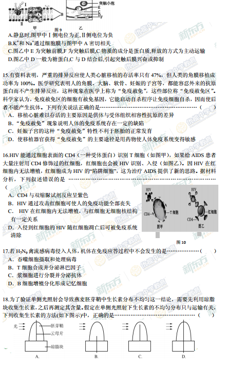 2015学年上海黄浦区高三一模生物试题及答案