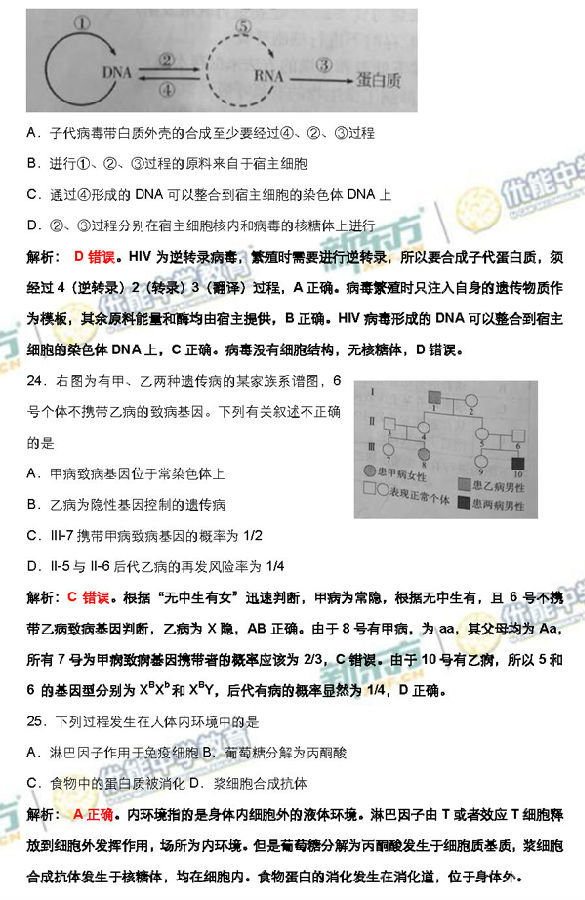2014-2015北京海淀区高三期末考试生物试题及答案解析