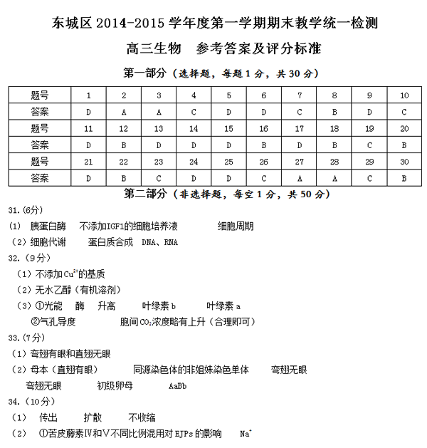 2014-2015北京东城区高三上学期期末考试生物答案