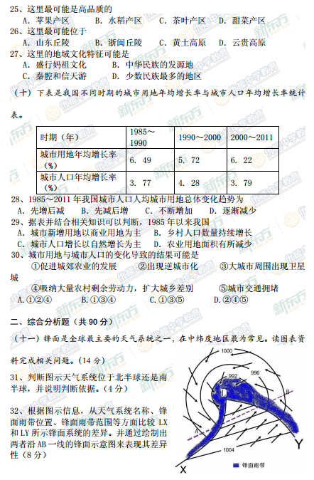 2015学年上海嘉定区高三一模地理试题及答案