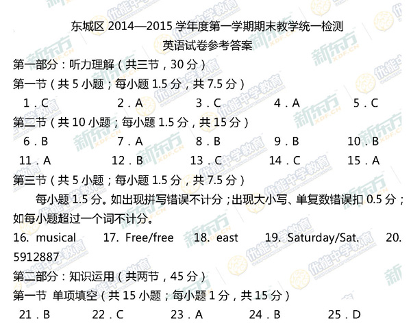 2014-2015北京东城区高三上学期期末考试英语答案