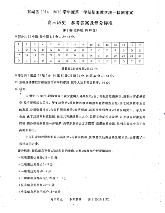 2014-2015北京东城区高三上学期期末考试历史答案