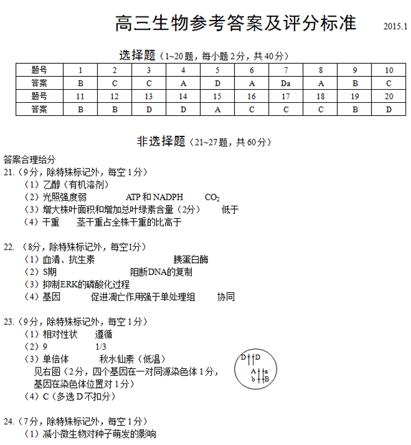 2014-2015北京西城区高三上学期期末考试生物答案