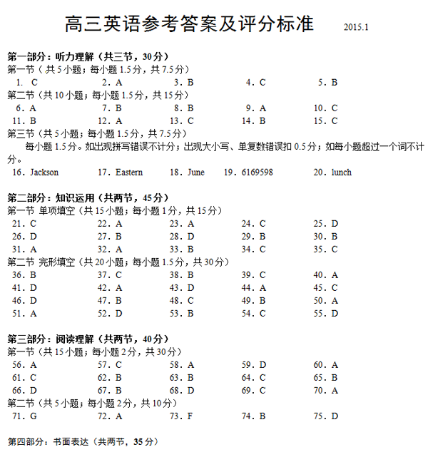 2014-2015北京西城区高三上学期期末考试英语答案