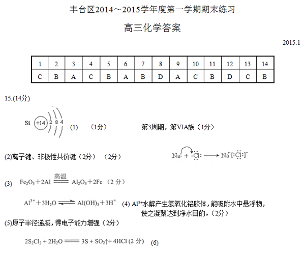2014-2015丰台区高三上学期期末考试化学试题及答案