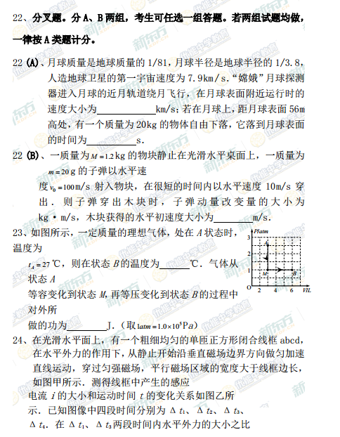 2015学年上海崇明区高三一模物理试题及答案