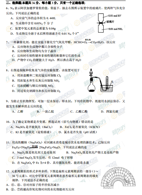 2015学年上海奉贤区高三一模化学试题及答案
