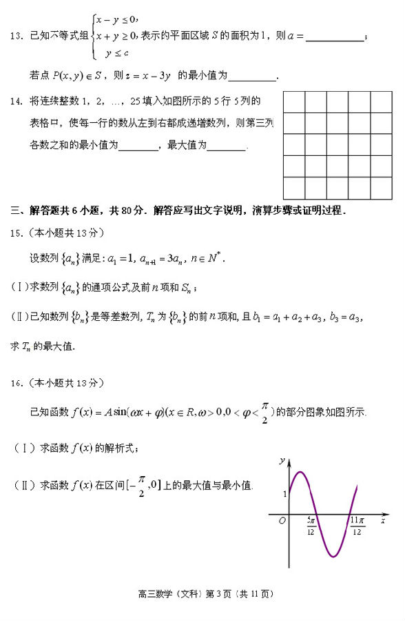 2014-2015石景山高三上学期期末考试文科数学试题及答案