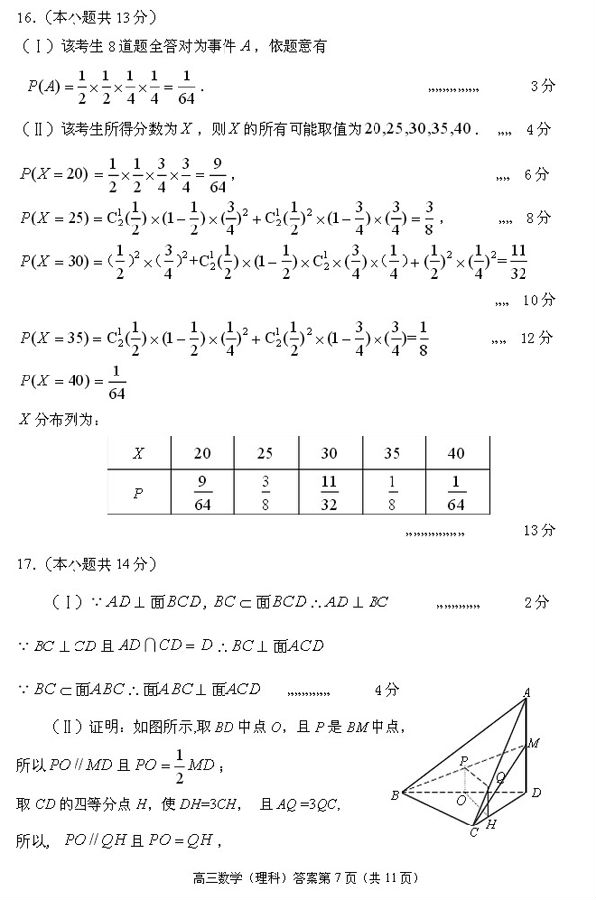 2014-2015石景山高三上学期期末考试理科数学答案