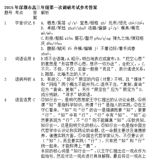 2015年广东省深圳市高三第一次调研考试语文试卷及答案