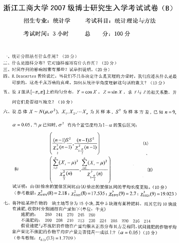 浙江工商大学2007年考博真题统计学专业:统计理论与方法.gif
