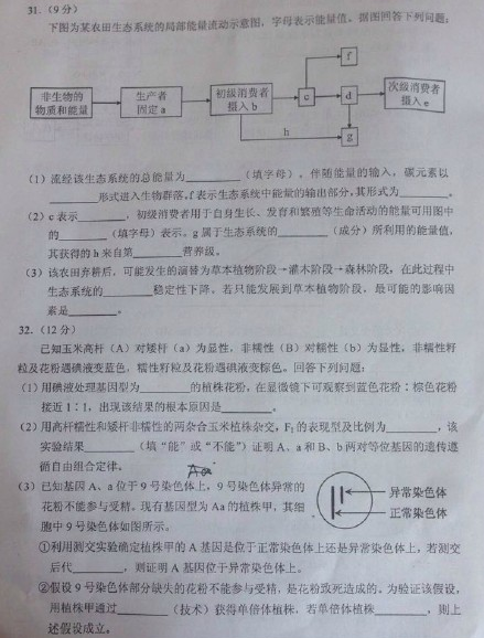 2015年云南省第一次统测理综试题及答案