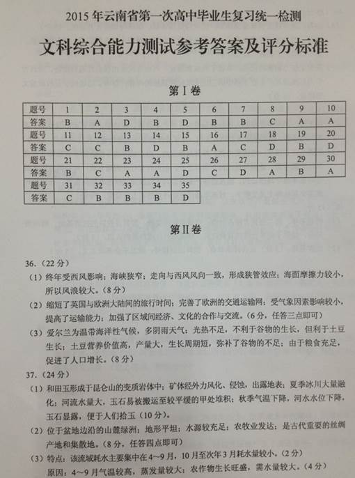 2015年云南省第一次统测地理答案