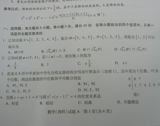 2015广州一模理科数学试题