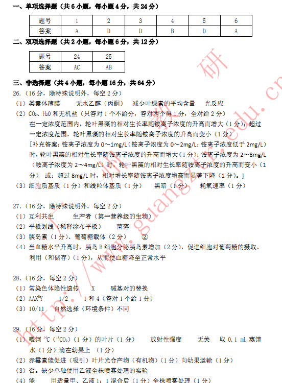 2015广州一模生物试题及答案