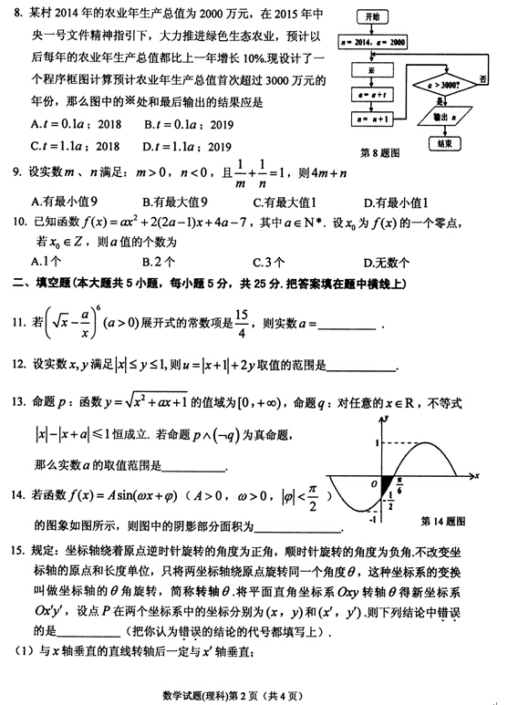 2015安庆二模理科数学试题及答案