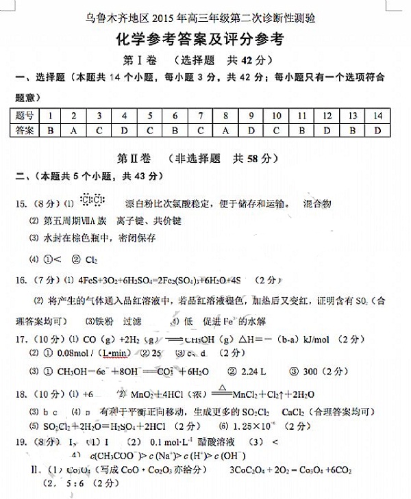 2015乌鲁木齐二模理综试题及答案