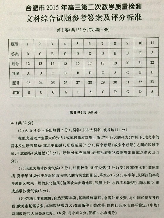 2015合肥二模文综试题及答案