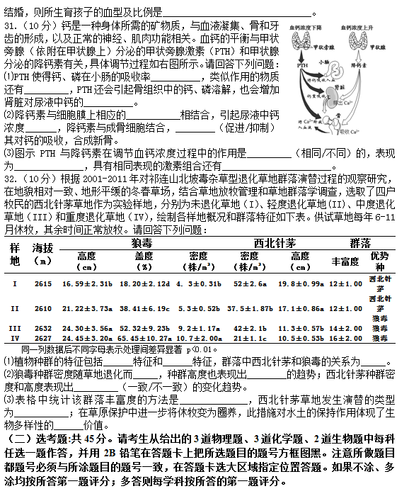 2015年黑龙江哈三中一模理综试卷及答案