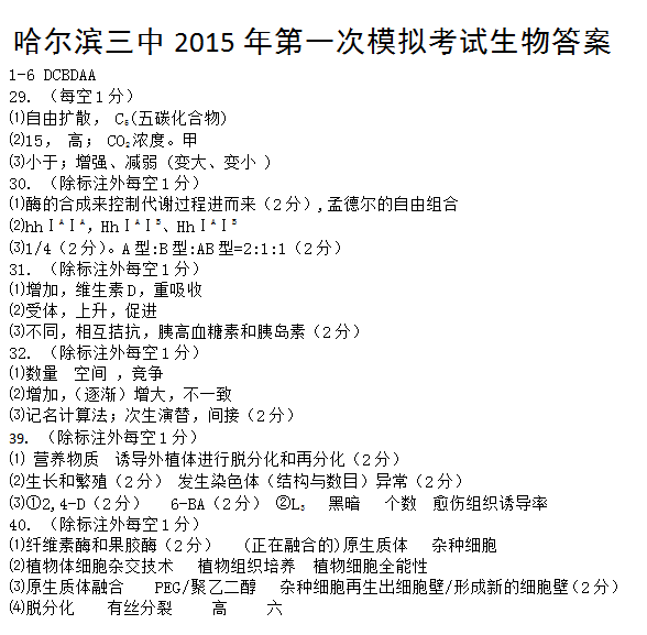 2015年黑龙江哈三中一模理综答案