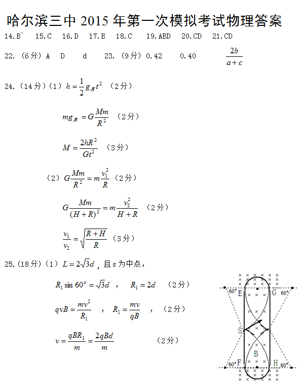 2015年黑龙江哈三中一模物理答案