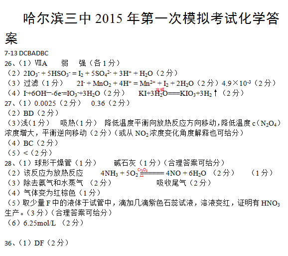 2015年黑龙江哈三中一模化学试卷及答案