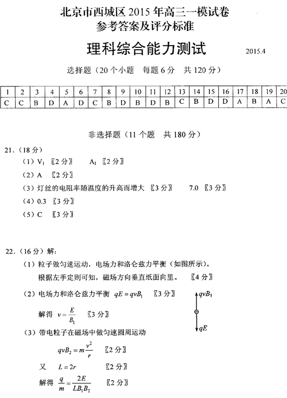 2015年北京西城区高三一模物理试题及答案